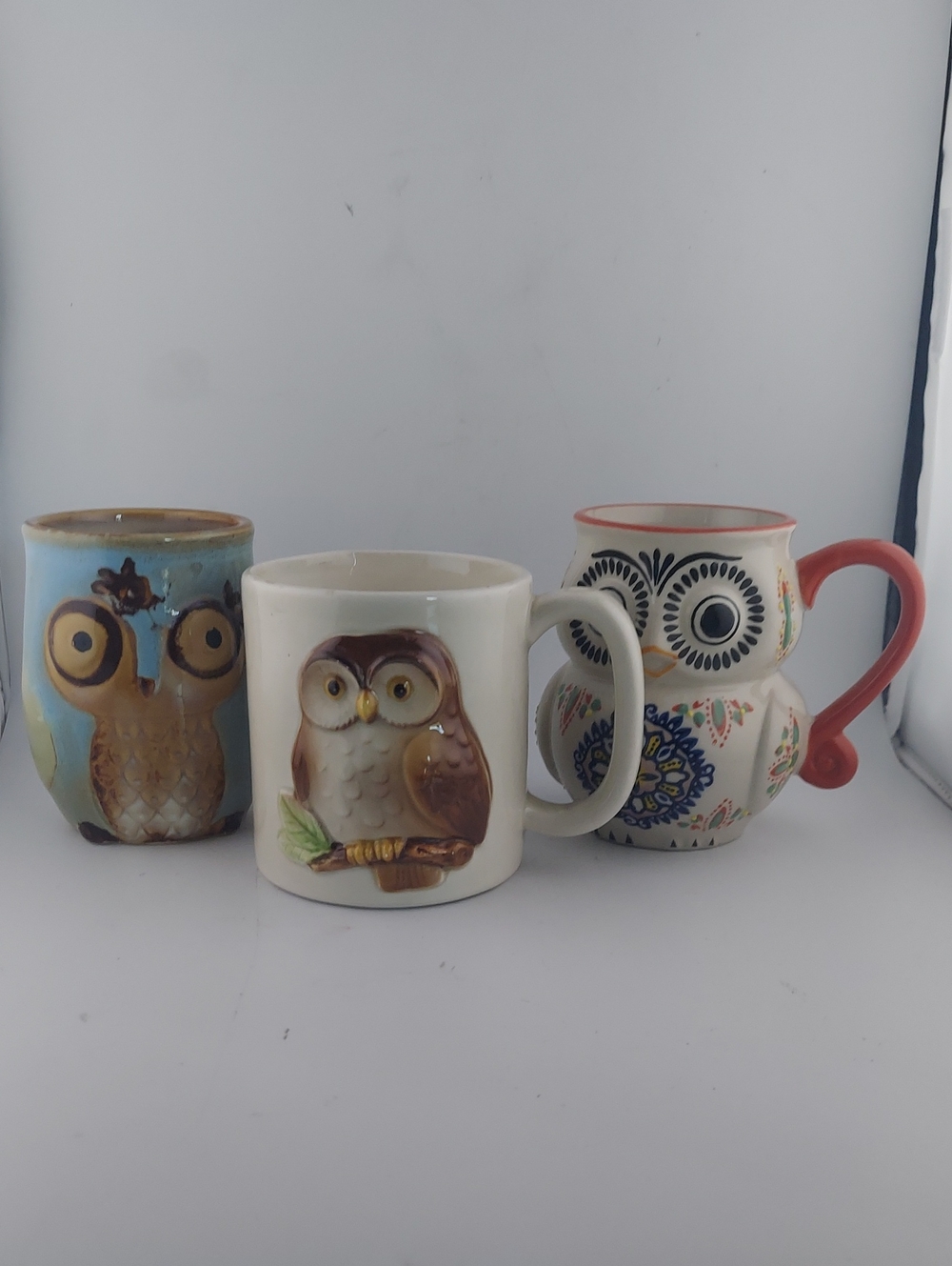 Vintage Owl Mug Set - Blue, White, Cream with Coral Accent